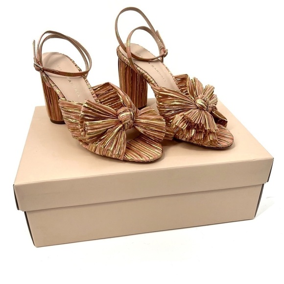 Loeffler Randall Camellia Sunset Bow Sandal Block Heel Peep Toe Stripe Sandal - Picture 1 of 14
